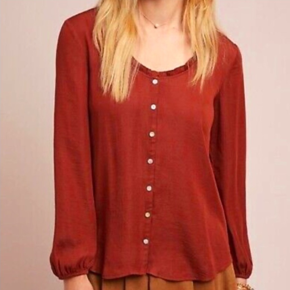 Anthropologie DOLAN left Coast Rust Orange Marilyn Ruffle Blouse Size Small